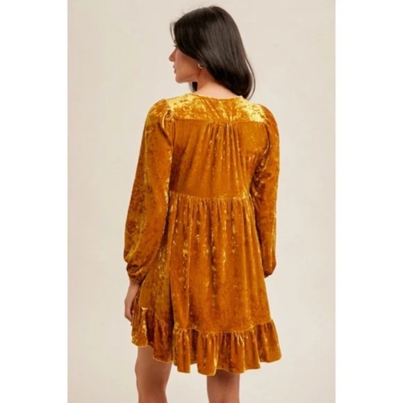 SOLD OUT Golden Curry Velvet V-Neck Babydoll Bubble Sleeve Holiday Cocktail - Picture 4 of 4